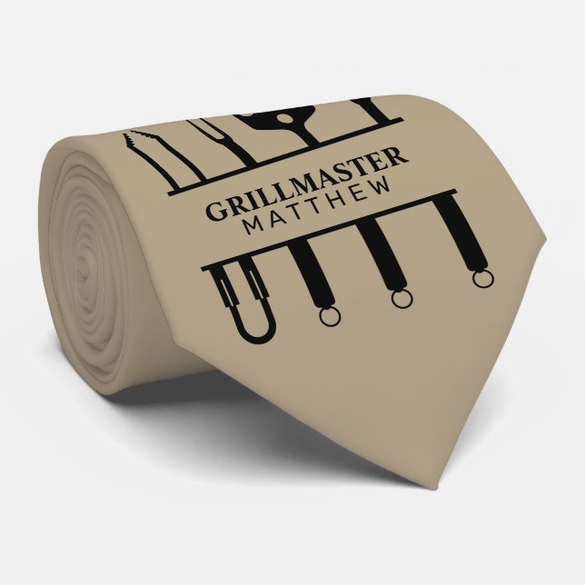 Grill master black khaki custom name fathers day neck tie (Rolled)