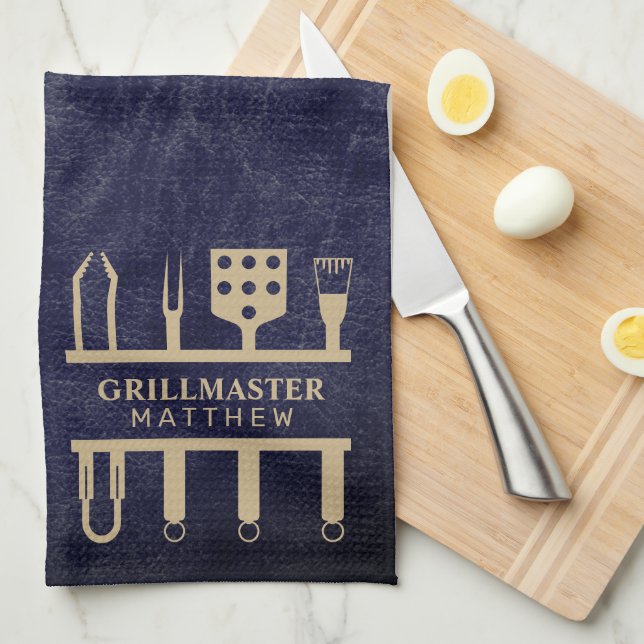 Grill master classic navy leather BBQ tools name Kitchen Towel (Quarter Fold)