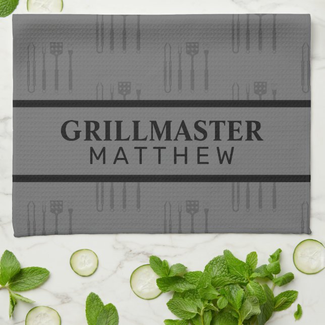 Grill master name fathers day classic black gray  kitchen towel (Folded)