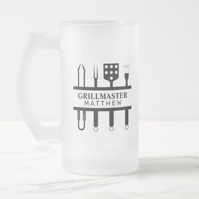 Grill master name fathers day  frosted glass beer mug (Left)