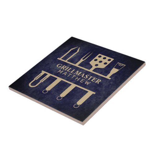 Grill master name fathers day navy leather texture ceramic tile