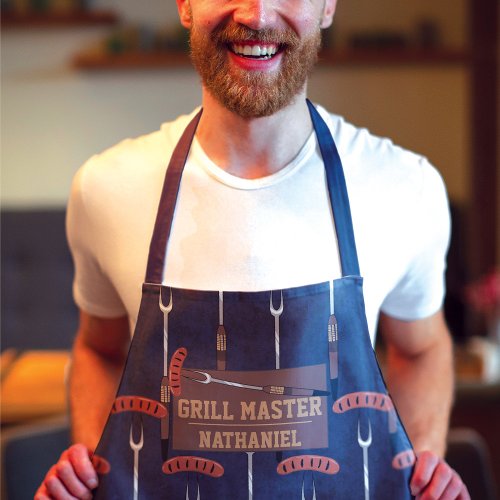 Grill Master Navy Blue Sausage Grilling Fork Name Apron