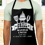 Grill Master Uncle Black Apron<br><div class="desc">Unique custom black apron for a favorite uncle on Christmas, Father's Day or his birthday featuring illustrations of a barbecue grill and "Grill Master Uncle" in fun white typography. Add the names of his nieces and nephews. If needed, edit in the design tool to increase or decrease the font size...</div>