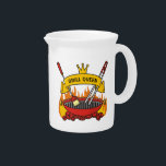 Grill Queen Beverage Pitcher<br><div class="desc">Barbeque grill over flaming charcoal, scroll banner with custom text over crossed tongs and brush.</div>