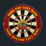 Grill Queen Dart Board<br><div class="desc">Barbeque grill over flaming charcoal, scroll banner with custom text over crossed tongs and brush. Two more custom text fields on outer ring.</div>