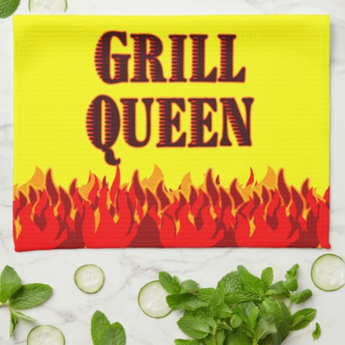 Grill Queen Red Flames BBQ Yellow Kitchen Towel