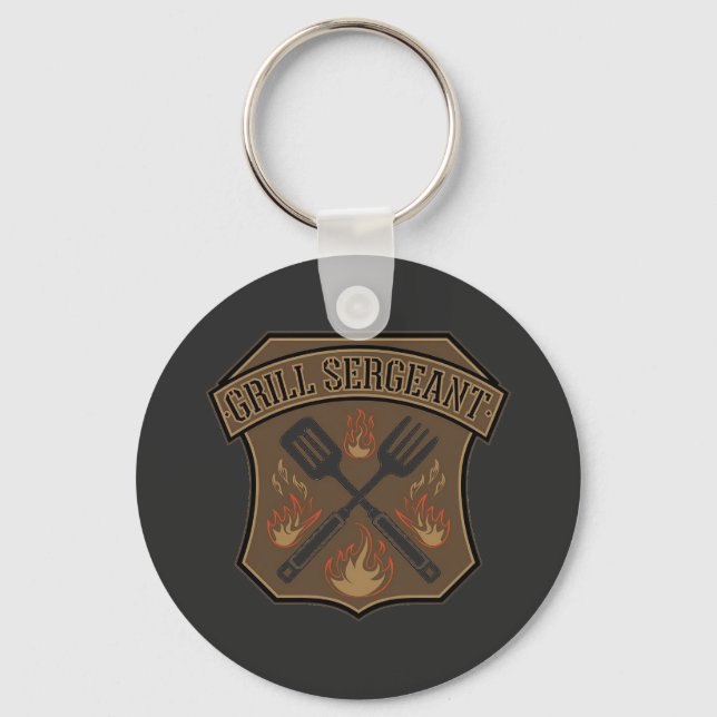 Grill Sergeant Badge Design with Spatula and Fork Keychain (Front)