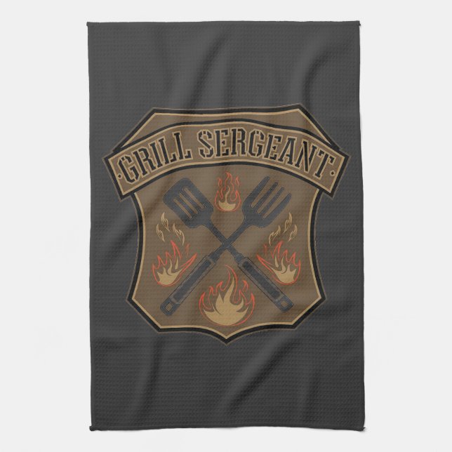 Grill Sergeant Badge Design with Spatula and Fork Kitchen Towel (Vertical)