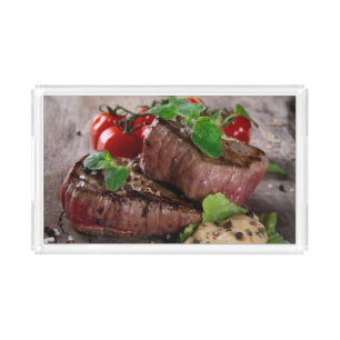 Grilled bbq steaks with fresh herbs and tomatoes acrylic tray