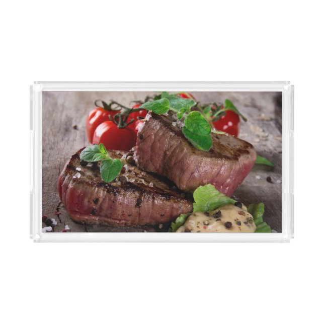 Grilled bbq steaks with fresh herbs and tomatoes acrylic tray (Front)
