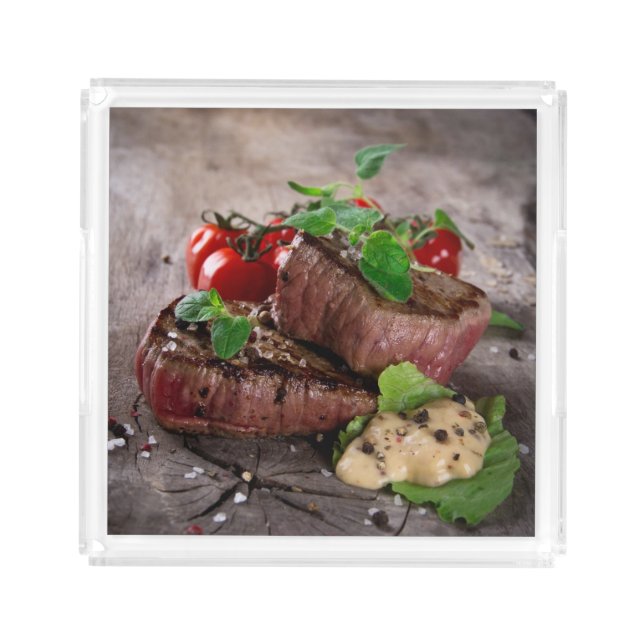 Grilled bbq steaks with fresh herbs and tomatoes acrylic tray (Front)