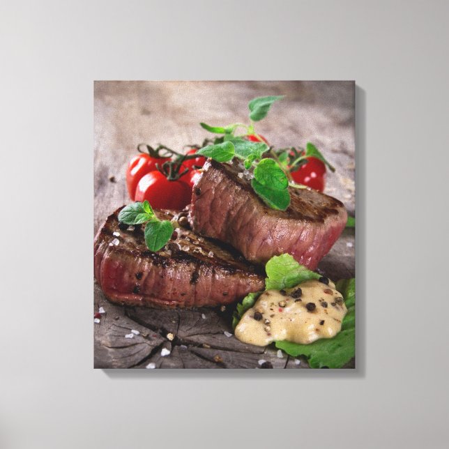 Grilled bbq steaks with fresh herbs and tomatoes canvas print (Front)
