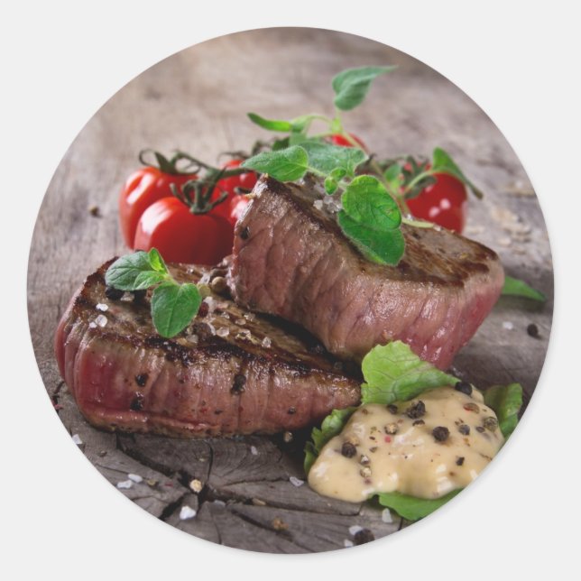 Grilled bbq steaks with fresh herbs and tomatoes classic round sticker (Front)