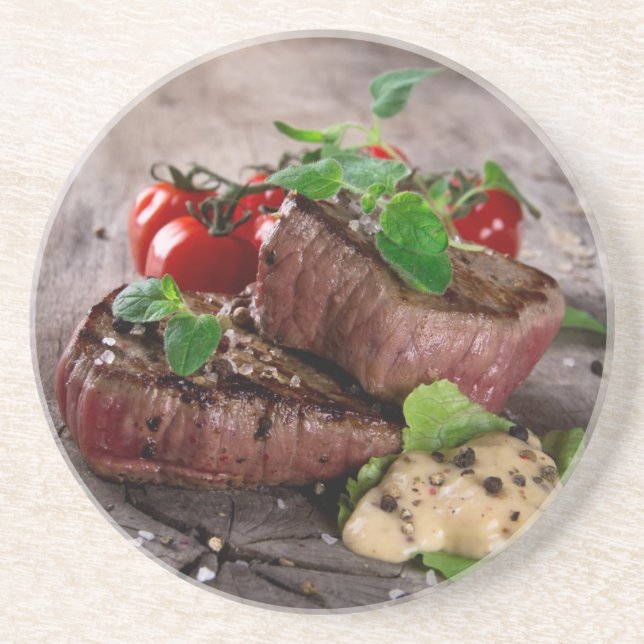 Grilled bbq steaks with fresh herbs and tomatoes drink coaster (Front)