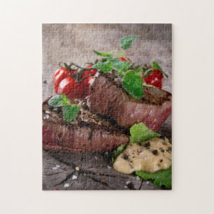 Grilled bbq steaks with fresh herbs and tomatoes jigsaw puzzle