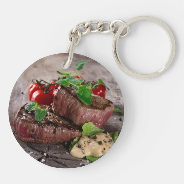Grilled bbq steaks with fresh herbs and tomatoes keychain (Back)