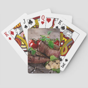 Grilled bbq steaks with fresh herbs and tomatoes poker cards