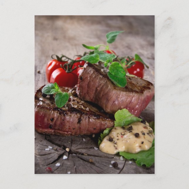 Grilled bbq steaks with fresh herbs and tomatoes postcard (Front)