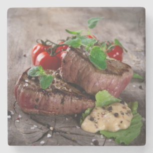 Grilled bbq steaks with fresh herbs and tomatoes stone coaster