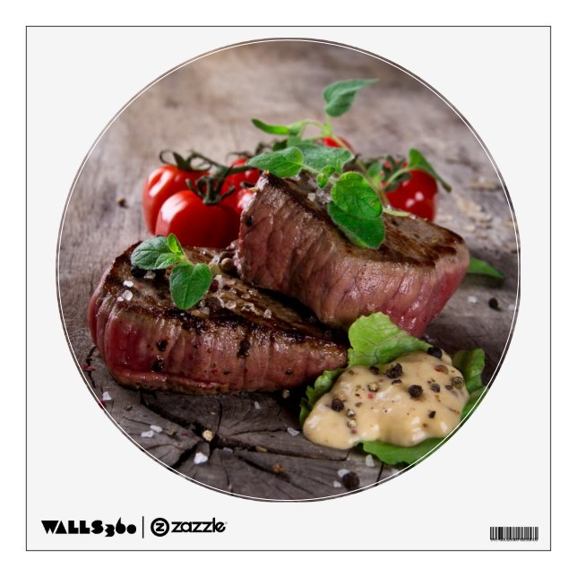 Grilled bbq steaks with fresh herbs and tomatoes wall sticker (Front)