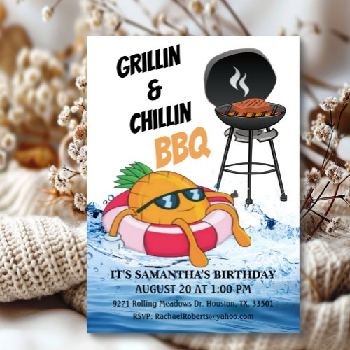 Grillin And Chillin BBQ Birthday Pool Party  Invitation