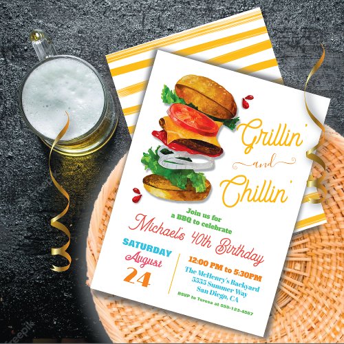 Grillin and Chillin BBQ Hamburger Birthday Invitation