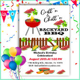 Backyard Flaming BBQ Grill Birthday Invitation