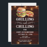 Grilling and Chilling BBQ 40th Birthday Invitation<br><div class="desc">Grilling and Chilling Birthday Invitations. Easy to personalize. All text is adjustable and easy to change for your own party needs. String lights rustic background elements. Fun Chalkboard swirls and flourishes. Watercolor hamburger and hotdog graphics. Invitations for him. Bar or backyard BBQ birthday design. Any age, just change the text....</div>