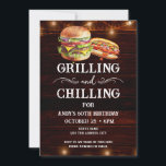 Grilling and Chilling BBQ 60th Birthday Invitation<br><div class="desc">Grilling and Chilling Birthday Invitations. Easy to personalize. All text is adjustable and easy to change for your own party needs. String lights rustic background elements. Fun Chalkboard swirls and flourishes. Watercolor hamburger and hotdog graphics. Invitations for him. Bar or backyard BBQ birthday design. Any age, just change the text....</div>