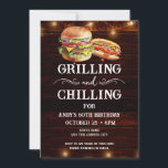 Grilling and Chilling BBQ 60th Birthday Invitation<br><div class="desc">Grilling and Chilling Birthday Invitations. Easy to personalize. All text is adjustable and easy to change for your own party needs. String lights rustic background elements. Fun Chalkboard swirls and flourishes. Watercolor hamburger and hotdog graphics. Invitations for him. Bar or backyard BBQ birthday design. Any age, just change the text....</div>