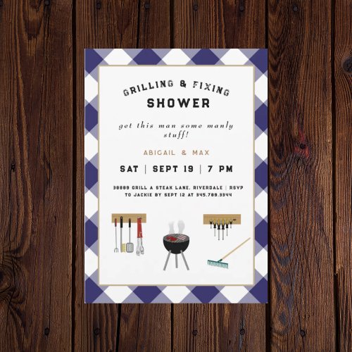 Grilling  Fixing Couples Gingham Wedding Shower  Invitation