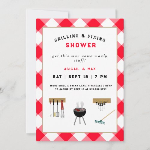 Grilling  Fixing Couples Wedding Shower Red Invitation