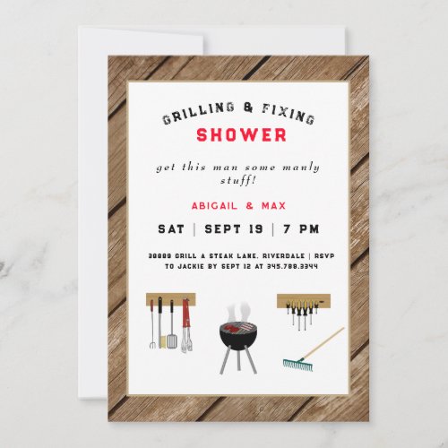Grilling  Fixing Couples Wedding Shower Rustic Invitation