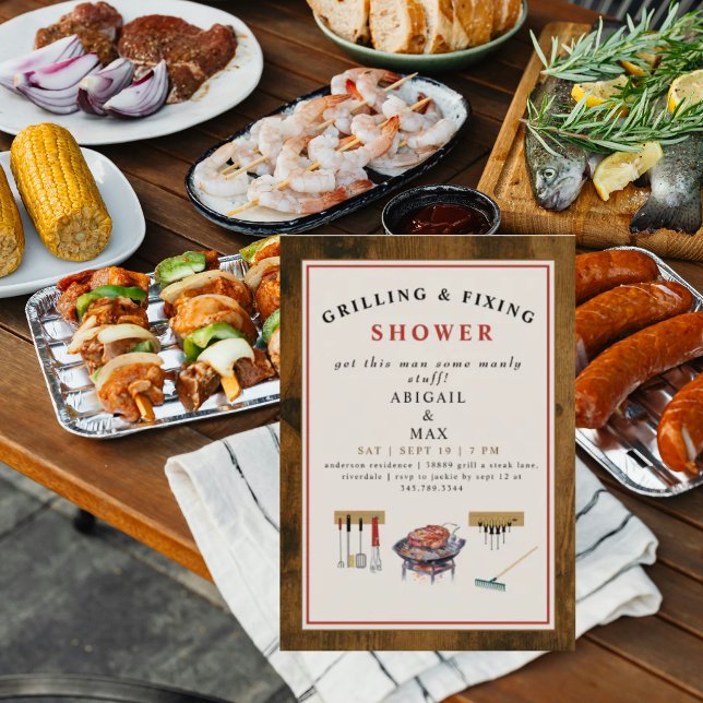 Grilling & Fixing Couples Wedding Shower Wood Invitation (Creator Uploaded)