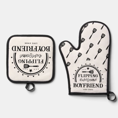 Grilling Flipping Awesome Boyfriend Oven Mitt  Pot Holder Set