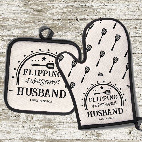 Grilling Flipping Awesome Husband Oven Mitt  Pot Holder Set