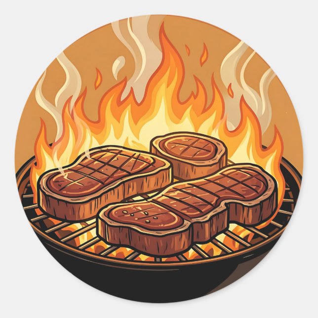 Grilling Steaks BBQ Flames Classic Round Sticker (Front)