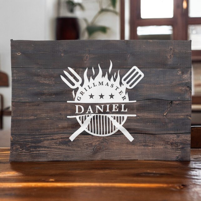 Grillmaster BBQ Rustic Dark Wood Print  Kitchen Towel (Creator Uploaded)