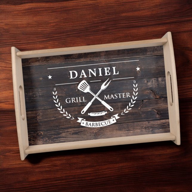 Grillmaster BBQ Rustic Dark Wood Print Serving Tray (Creator Uploaded)