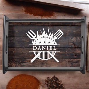 Grillmaster BBQ Rustic Dark Wood Print Serving Tray