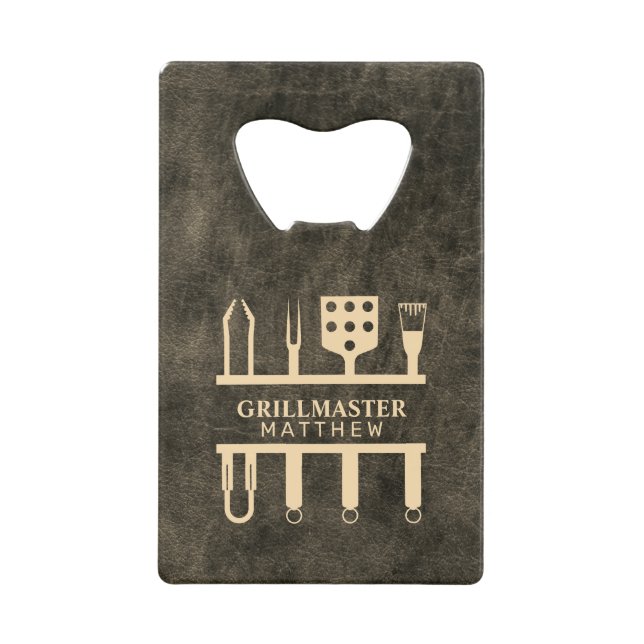 Grillmaster faux leather classic custom name  credit card bottle opener (Front)