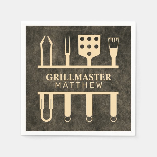 Grillmaster Faux Leather Name Classic BBQ Tools Napkins (Front)