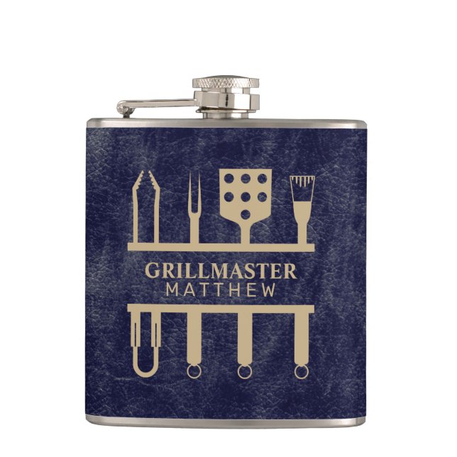 Grillmaster name navy leather texture flask (Front)