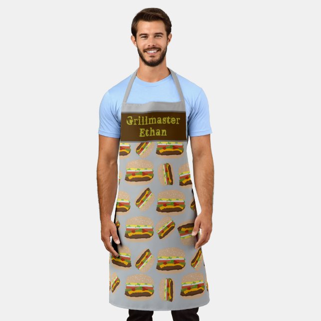 Grillmaster Personalized Burger Pattern Guy’s BBQ  Apron (Worn)