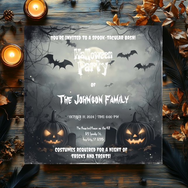 Grim Halloween Party with Jack-o'-Lanterns & Bats Invitation (Creator Uploaded)