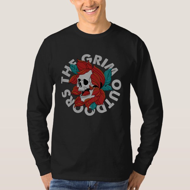 Grim Outdoors Skull and Roses Camping Outdoor Love T-Shirt (Front)