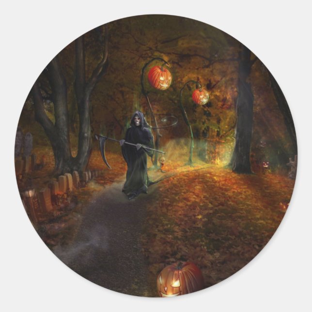 Grim Reaper and pumpkins Classic Round Sticker (Front)