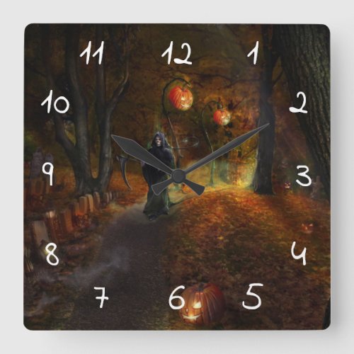 Grim Reaper and pumpkins Square Wall Clock