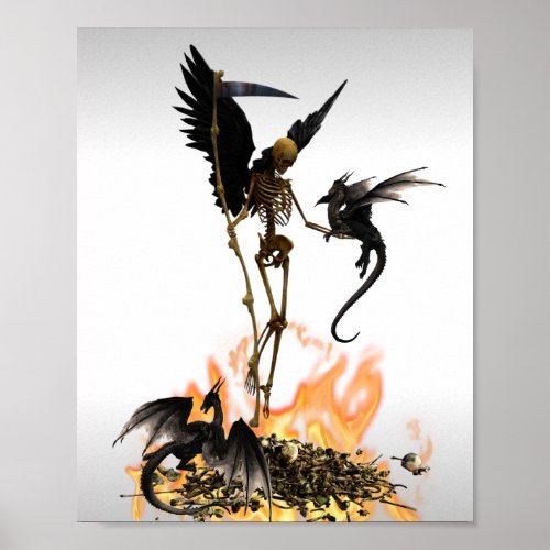 Grim Reaper Angel Skeleton With Dragons Poster