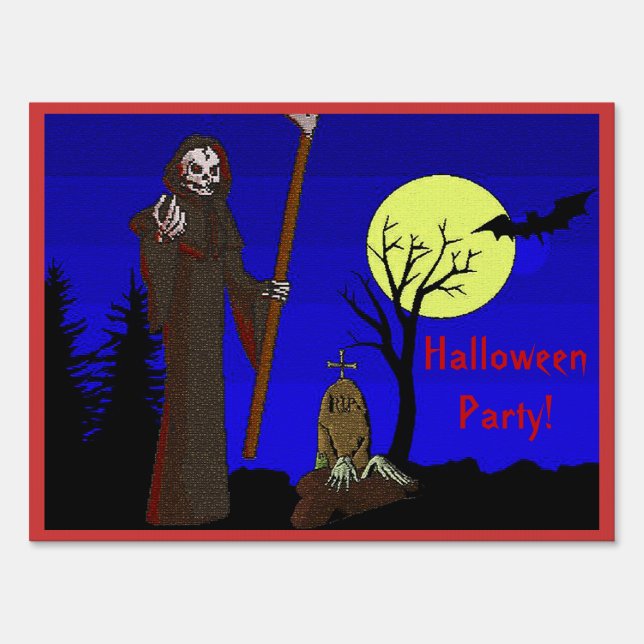 Grim Reaper at Graveyard Halloween Party Sign (Front)